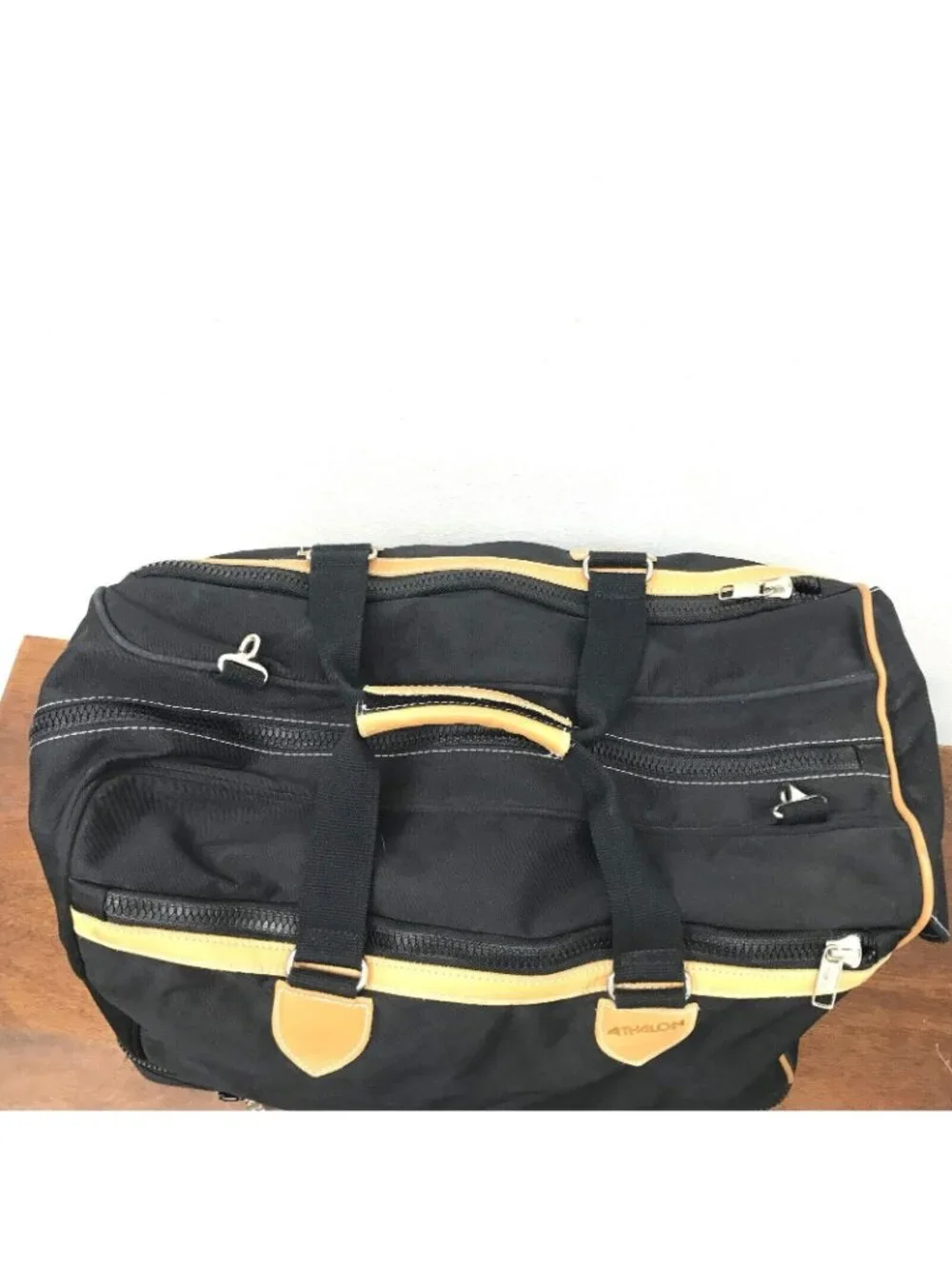 ATHALON Black Canvas Duffle Bag Shoulder Strap Expandable Leather Trim 19X15X13